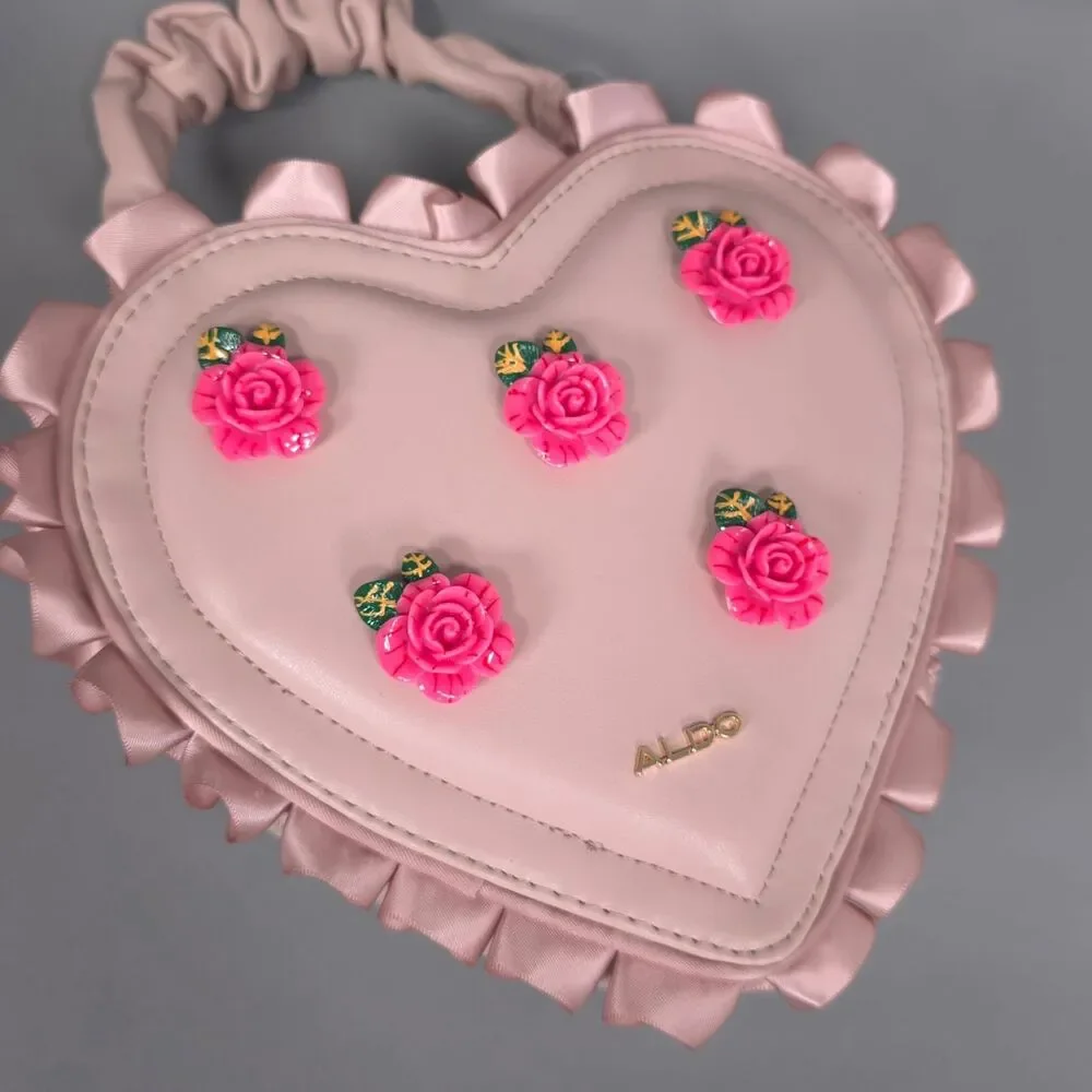 ALDO Womens New Heart Crossbody Bag Floral Ruffle Pink Top Handle Convertible